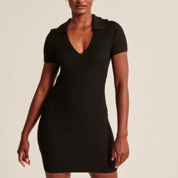 Abercrombie & Fitch Dresses & Skirts - Abercrombie & Fitch Black Ribbed Knit Dress With Collar Short Sleeve Fitted